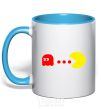 Mug with a colored handle Pacman is chasing sky-blue фото