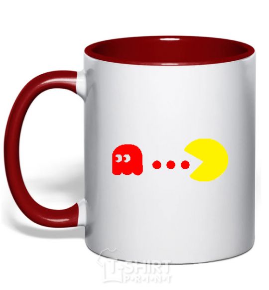 Mug with a colored handle Pacman is chasing red фото