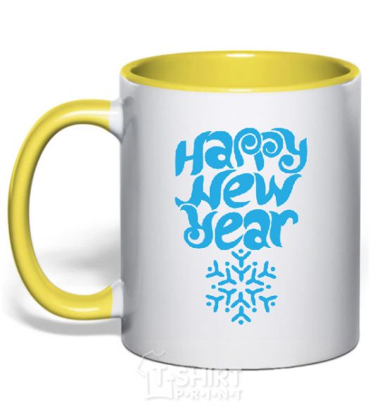 Mug with a colored handle HAPPY NEW YEAR SNOWFLAKE yellow фото