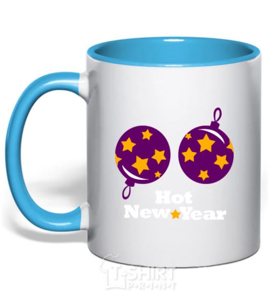 Mug with a colored handle HOT NEW YEAR sky-blue фото