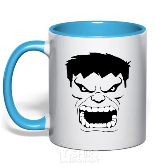 Mug with a colored handle Angry Hulk sky-blue фото