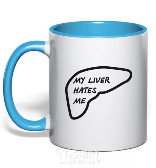 Mug with a colored handle MY LIVER HATES ME sky-blue фото