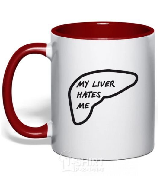 Mug with a colored handle MY LIVER HATES ME red фото
