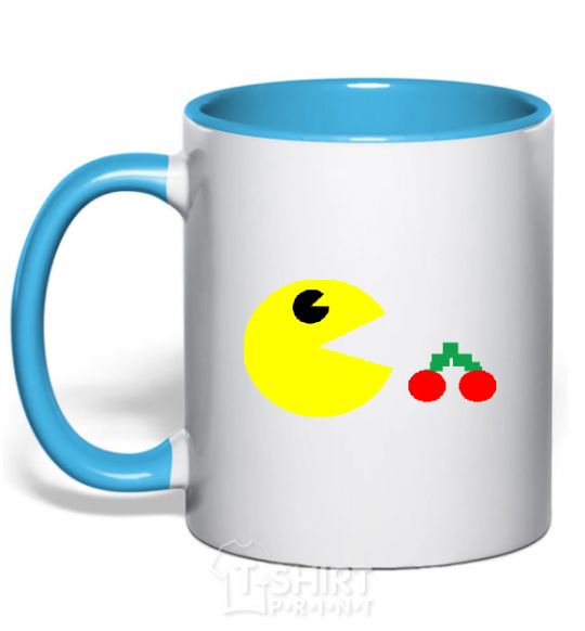 Mug with a colored handle Pacman arcade sky-blue фото