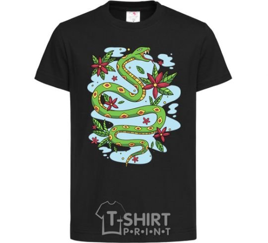 Kids T-shirt A rattlesnake with leaves black фото