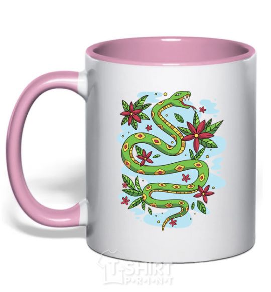 Mug with a colored handle A rattlesnake with leaves light-pink фото