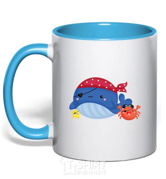 Mug with a colored handle Whale and crab pirates sky-blue фото