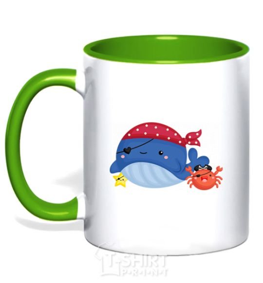 Mug with a colored handle Whale and crab pirates kelly-green фото