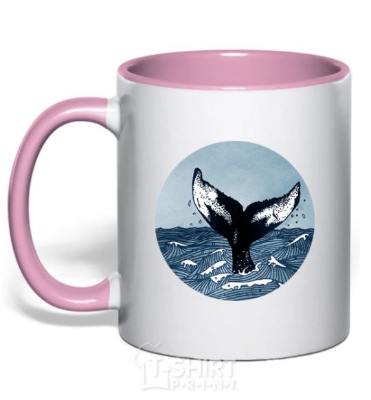 Mug with a colored handle Whale tail circle light-pink фото