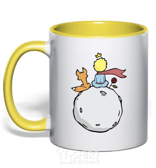 Mug with a colored handle The little prince sits back yellow фото