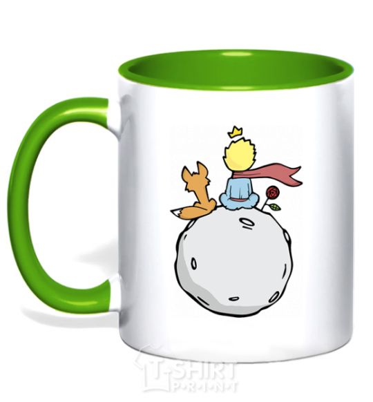 Mug with a colored handle The little prince sits back kelly-green фото