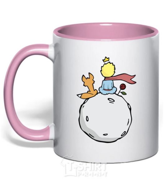 Mug with a colored handle The little prince sits back light-pink фото