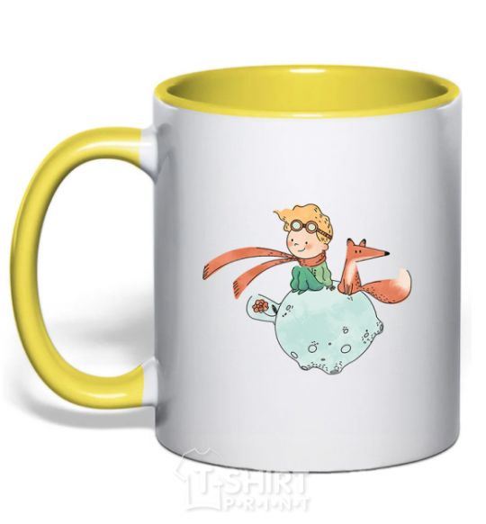 Mug with a colored handle The little prince and the fox yellow фото