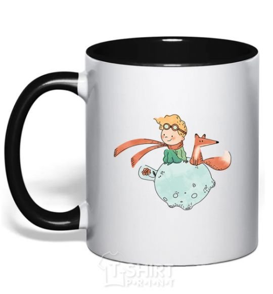 Mug with a colored handle The little prince and the fox black фото