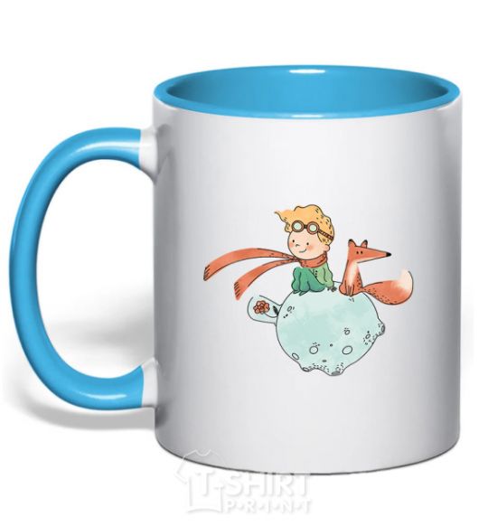 Mug with a colored handle The little prince and the fox sky-blue фото