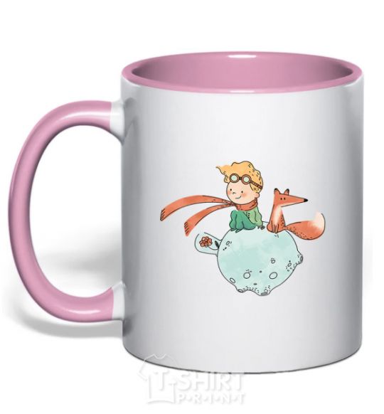 Mug with a colored handle The little prince and the fox light-pink фото