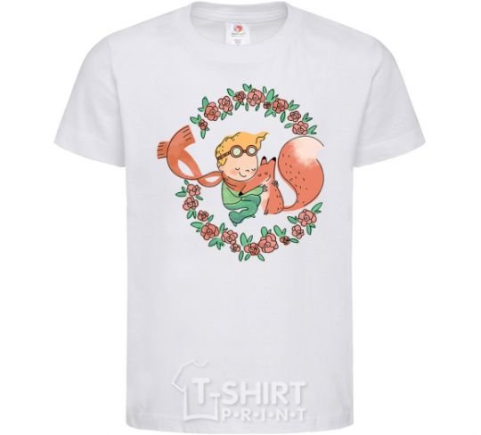 Kids T-shirt The little prince and the fox in the flowers. White фото
