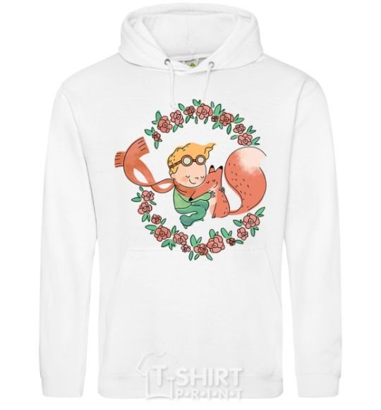 Men`s hoodie The little prince and the fox in the flowers. White фото