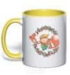 Mug with a colored handle The little prince and the fox in the flowers. yellow фото