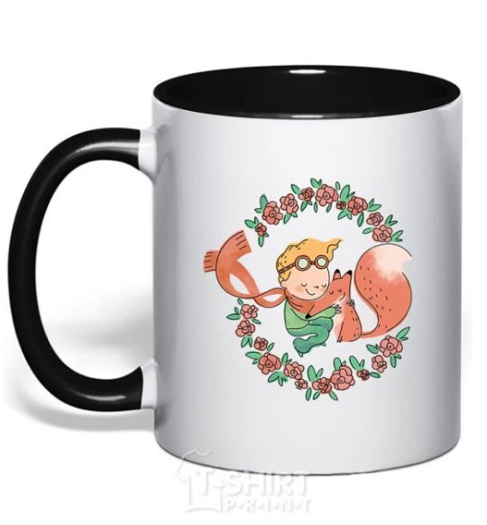 Mug with a colored handle The little prince and the fox in the flowers. black фото