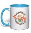 Mug with a colored handle The little prince and the fox in the flowers. sky-blue фото