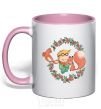 Mug with a colored handle The little prince and the fox in the flowers. light-pink фото