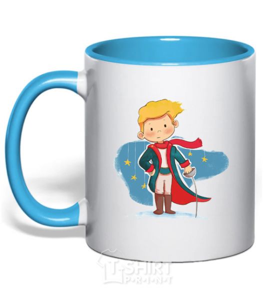 Mug with a colored handle Little prince red scarf sky-blue фото