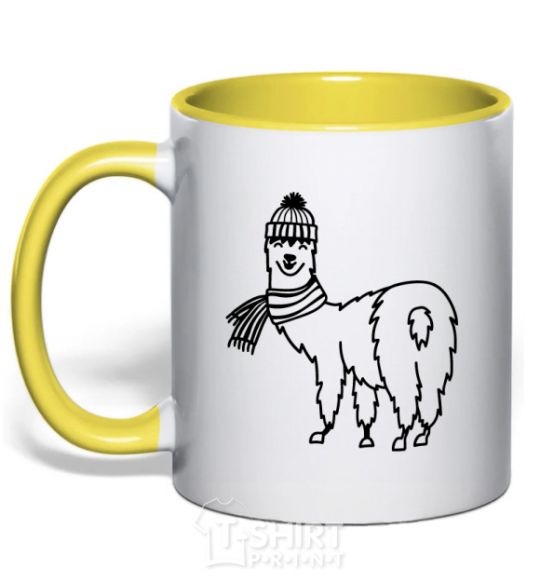 Mug with a colored handle Лама в шапочке yellow фото