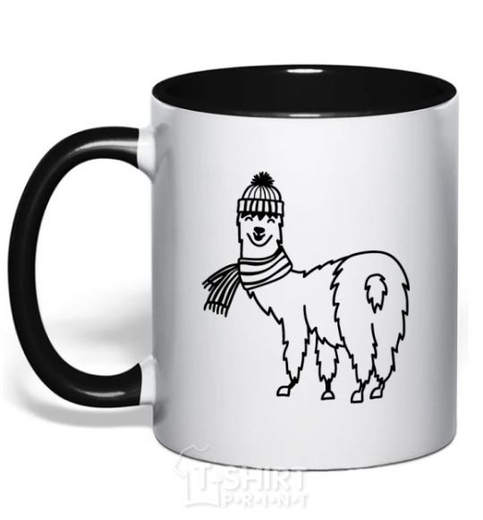 Mug with a colored handle Лама в шапочке black фото