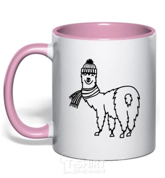 Mug with a colored handle Лама в шапочке light-pink фото