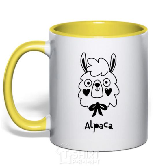 Mug with a colored handle Alpaca hearts yellow фото