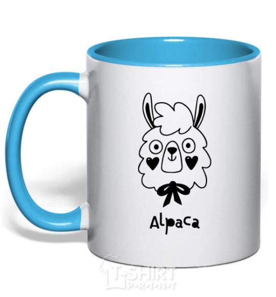 Mug with a colored handle Alpaca hearts sky-blue фото