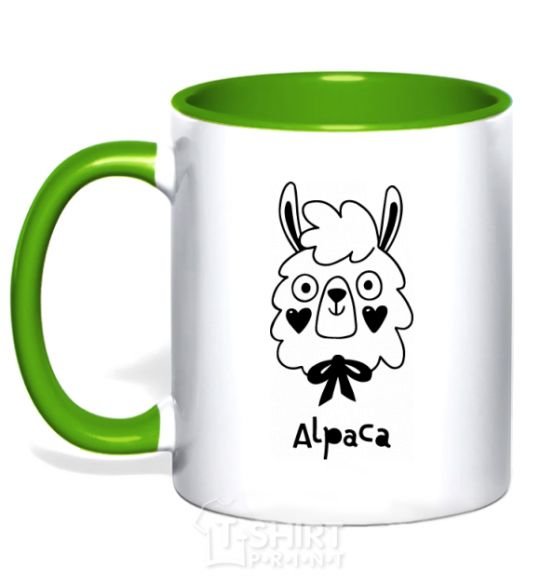 Mug with a colored handle Alpaca hearts kelly-green фото