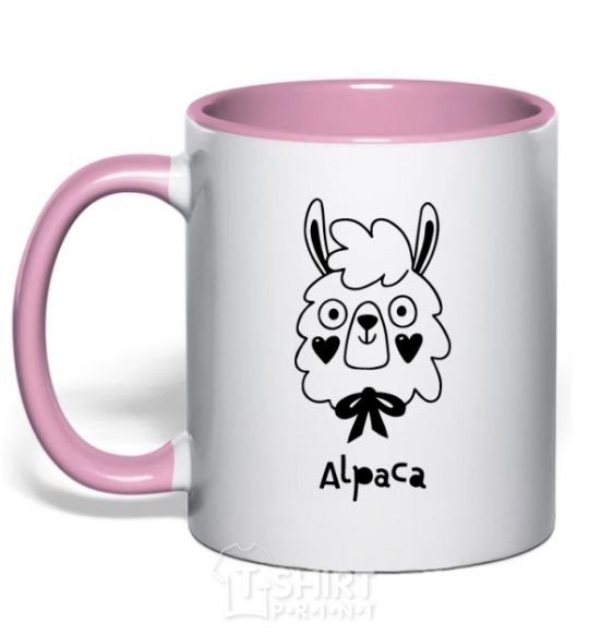 Mug with a colored handle Alpaca hearts light-pink фото