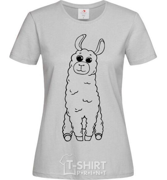 Women's T-shirt A llama with big eyes grey фото