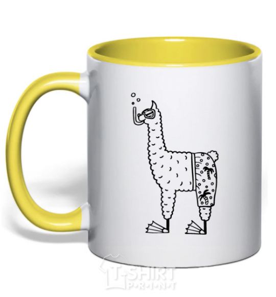 Mug with a colored handle Llama diver yellow фото