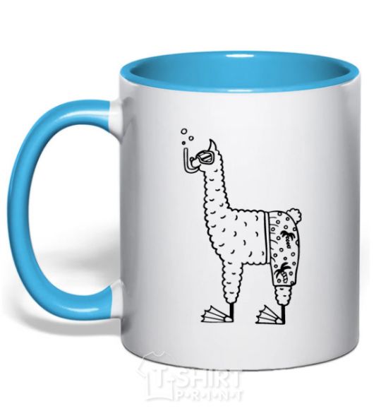 Mug with a colored handle Llama diver sky-blue фото