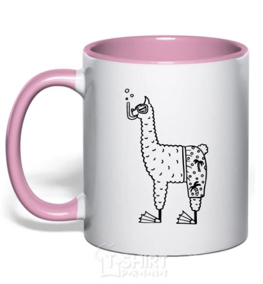 Mug with a colored handle Llama diver light-pink фото