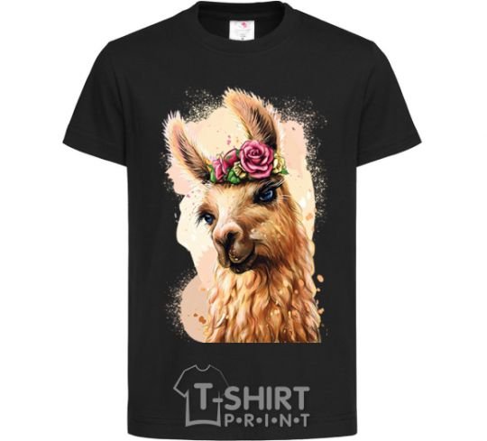 Kids T-shirt A llama in a wreath black фото