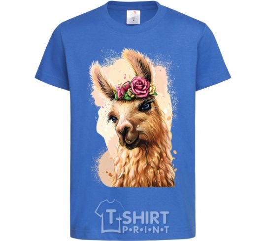 Kids T-shirt A llama in a wreath royal-blue фото