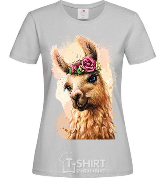 Women's T-shirt A llama in a wreath grey фото