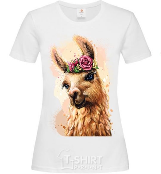 Women's T-shirt A llama in a wreath White фото