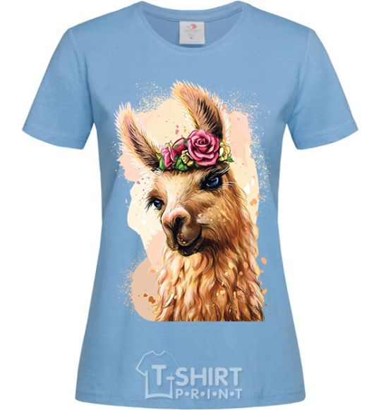 Women's T-shirt A llama in a wreath sky-blue фото