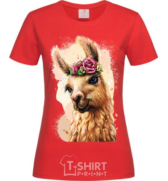 Women's T-shirt A llama in a wreath red фото