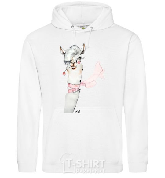 Men`s hoodie A llama with a flower in his teeth. White фото