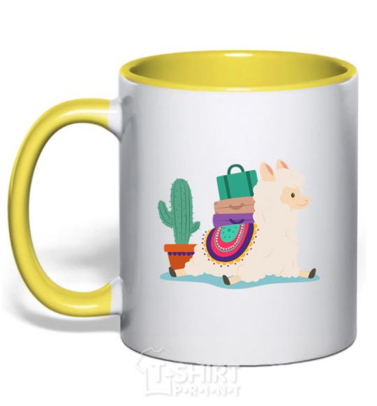 Mug with a colored handle Llama moving yellow фото