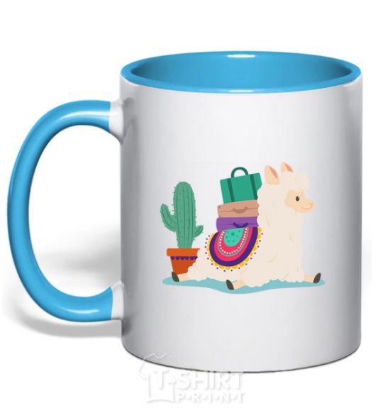 Mug with a colored handle Llama moving sky-blue фото