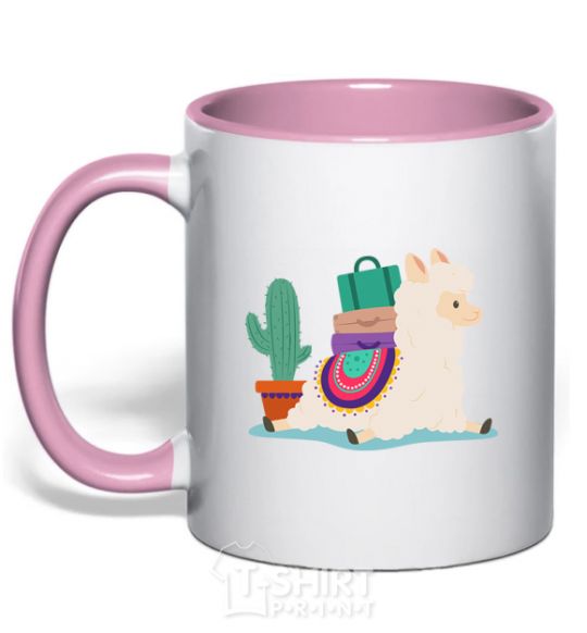 Mug with a colored handle Llama moving light-pink фото