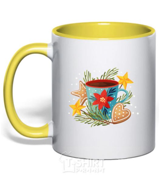 Mug with a colored handle New Year's cup yellow фото