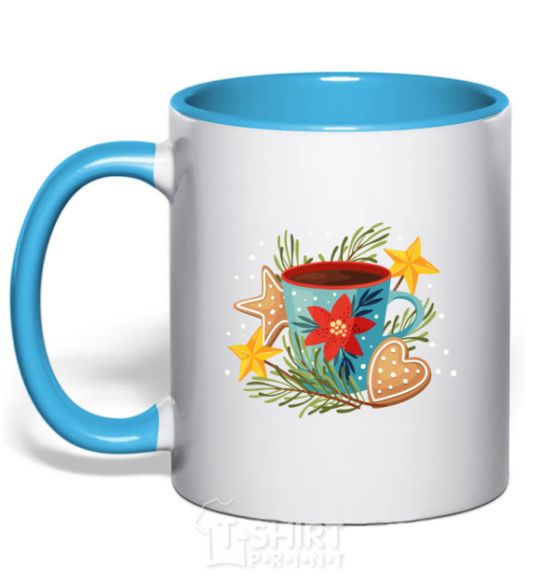 Mug with a colored handle New Year's cup sky-blue фото